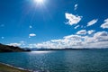 Beautiful scenery of Pangong Tso lake with  blue sky  white clouds in China side Royalty Free Stock Photo