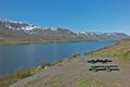 Beautiful scenery panoramic view of lake mountains with snow picnic area Iceland Royalty Free Stock Photo