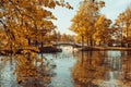 A beautiful scenery of park with a pond with a bridge over it. Autumn nature. Royalty Free Stock Photo