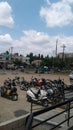 Beautiful scenery of parking motorcycles under blue sky Royalty Free Stock Photo