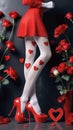 Beautiful scenery with a womanâs legs wearing white tights and fresh roses on a dark background Royalty Free Stock Photo