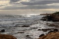 Beautiful scenery with rocky coastline and Mediterranean sea at sunset in one of the most amazing places in Cyprus. The sun Royalty Free Stock Photo