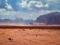 Beautiful Scenery Scenic Panoramic View Red Sand Desert and Ancient Sandstone Mountains Landscape in Wadi Rum, Jordan Royalty Free Stock Photo