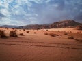 Beautiful Scenery Scenic Panoramic View Red Sand Desert and Ancient Sandstone Mountains Landscape in Wadi Rum, Jordan Royalty Free Stock Photo