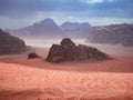 Beautiful Scenery Scenic Panoramic View Red Sand Desert and Ancient Sandstone Mountains Landscape in Wadi Rum, Jordan during a San Royalty Free Stock Photo