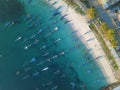 Beautiful aerial scenery shot from drones, fishing boats lined up. Royalty Free Stock Photo