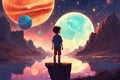 Beautiful scenery showing the young boy standing among glowing planets and holding the star up in the night sky, digital art style Royalty Free Stock Photo