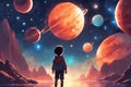 Beautiful scenery showing the young boy standing among glowing planets and holding the star up in the night sky, digital art style Royalty Free Stock Photo