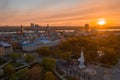 Beautiful scenery of sunset over Riga by the statue of liberty in Milda in Latvia Royalty Free Stock Photo