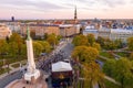 Beautiful scenery of sunset over Riga by the statue of liberty in Milda in Latvia Royalty Free Stock Photo