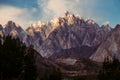 Massif mountain peak of Passu Cones in Karakoram range at sunset, Gilgit Baltistan, Pakistan.