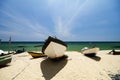 Beautiful scenery, traditional fisherman boat moored over beautiful sea view and sandy beach