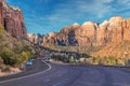 Beautiful scenery, views of an incredibly scenic road surrounded by rocks and mountains in Zion National Park, Utah, USA Royalty Free Stock Photo