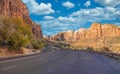 Beautiful scenery, views of an incredibly scenic road surrounded by rocks and mountains in Zion National Park, Utah, USA Royalty Free Stock Photo