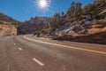 Beautiful scenery, views of an incredibly scenic road surrounded by rocks and mountains in Zion National Park, Utah, USA Royalty Free Stock Photo