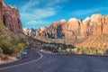 Beautiful scenery, views of an incredibly scenic road surrounded by rocks and mountains in Zion National Park, Utah, USA Royalty Free Stock Photo