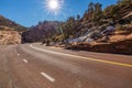 Beautiful scenery, views of an incredibly scenic road surrounded by rocks and mountains in Zion National Park, Utah, USA Royalty Free Stock Photo