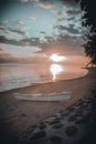 Beautiful scenery of a white rafting boat at the sandy beach of Moorea island during a cloudy sunset