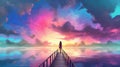 beautiful scenery of the woman standing alone on a wooden pier looking at colorful clouds in the sky, digital art style, Royalty Free Stock Photo