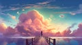 beautiful scenery of the woman standing alone on a wooden pier looking at colorful clouds in the sky, digital art style, Royalty Free Stock Photo