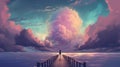 beautiful scenery of the woman standing alone on a wooden pier looking at colorful clouds in the sky, digital art style, Royalty Free Stock Photo