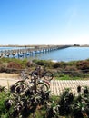 Beautiful Nature Scenery, Wooden Bridge, River, Bikes Royalty Free Stock Photo