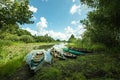 Beautiful scenery of wooden fishing boat on the river. Fishery boat on the river. Old wooden boat Royalty Free Stock Photo