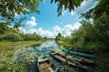 Beautiful scenery of wooden fishing boat on the river. Fishery boat on the river. Old wooden boat Royalty Free Stock Photo