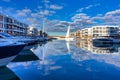 Beautiful scenery of the yacht marina with the reflection of the blue sky, Sobieszewo. Poland