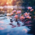 Beautiful scenic close up of flowers in a lake