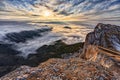 Beautiful scenic dramatic autumn blue sky sunset landscape of cloud shroud covered West Caucasus mountain forest. Scenery viewed f