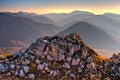 Beautiful scenic golden autumn HDR landscape of mountain rock at sunset. Stone nature background, Chernogor Mount, West Caucasus,