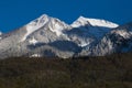 Beautiful scenic green summer landscape with snowy mountain peak tops on blue sky background Royalty Free Stock Photo