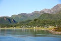 Beautiful scenic landscape of fjords, islands, & inside passages; Andfjorden & Vestfjorden, between Bodo & Hammerfest, Norway.