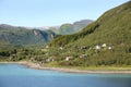 Beautiful scenic landscape of fjords, islands, village & inside passages; between Bodo & Hammerfest, Norway.