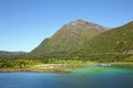 Beautiful scenic landscape of fjords, islands, village & inside passages, between Bodo & Hammerfest, Norway.