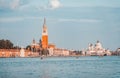 Beautiful scenic landscape from the Grand Canal with Basilica di Santa Maria della Salute and St Marks Campanile in Venice, Italy Royalty Free Stock Photo