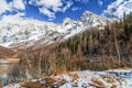 Beautiful scenic landscape of Kardyvach mountain lake and rocky snow covered mountain peaks in Caucasus mountains at autumn on sun Royalty Free Stock Photo