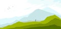 Beautiful scenic nature landscape with traveler pilgrim vector illustration summer or spring season with grasslands meadows hills