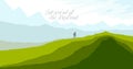 Beautiful scenic nature landscape with traveler pilgrim vector illustration summer or spring season with grasslands meadows hills