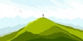 Beautiful scenic nature landscape with traveler pilgrim vector illustration summer or spring season with grasslands meadows hills