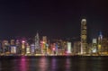 Beautiful scenic night view of victoria habour and building on hong kong island. Landmark of hong kong with blurred and defocused Royalty Free Stock Photo