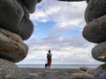 Beautiful scenic of ocean with sprawling stone covered beach at Qixingtan beach recreation area in Hualien city, Taiwan