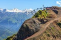 Beautiful scenic summer landscape of Caucasus mountain peaks with snow tops at Gorky Gorod mountain ski resort in Sochi, Russia on