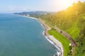 Beautiful Scenic Summer View From Botanical Garden Of Sea Bay And Railroad On Coast. The Lush Green Vegetation Of Summer. Sunny Da Royalty Free Stock Photo