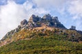 Beautiful scenic sunny landscape of Yuzhnaya Demerdzhi rocky mountain in Crimea called Dolina Privideniy, or Ghost Valley