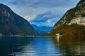 Beautiful scenic view of Austrian alps. Hallstatt mountain village at Hallstatt lake. Sunny day lake view on Hallstatt alp Royalty Free Stock Photo