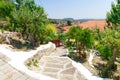 Beautiful scenic view of the Kalabaka town on top of the cliff. small houses with red roof. greece