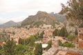 Beautiful Scenic View of Taormina`s Old Town. Terracotta Old Ancient City Houses with Tiled Roofs. The island of Sicily, Italy Royalty Free Stock Photo