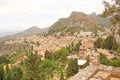 Beautiful Scenic View of Taormina`s Old Town. Terracotta Old Ancient City Houses with Tiled Roofs. The island of Sicily, Italy Royalty Free Stock Photo